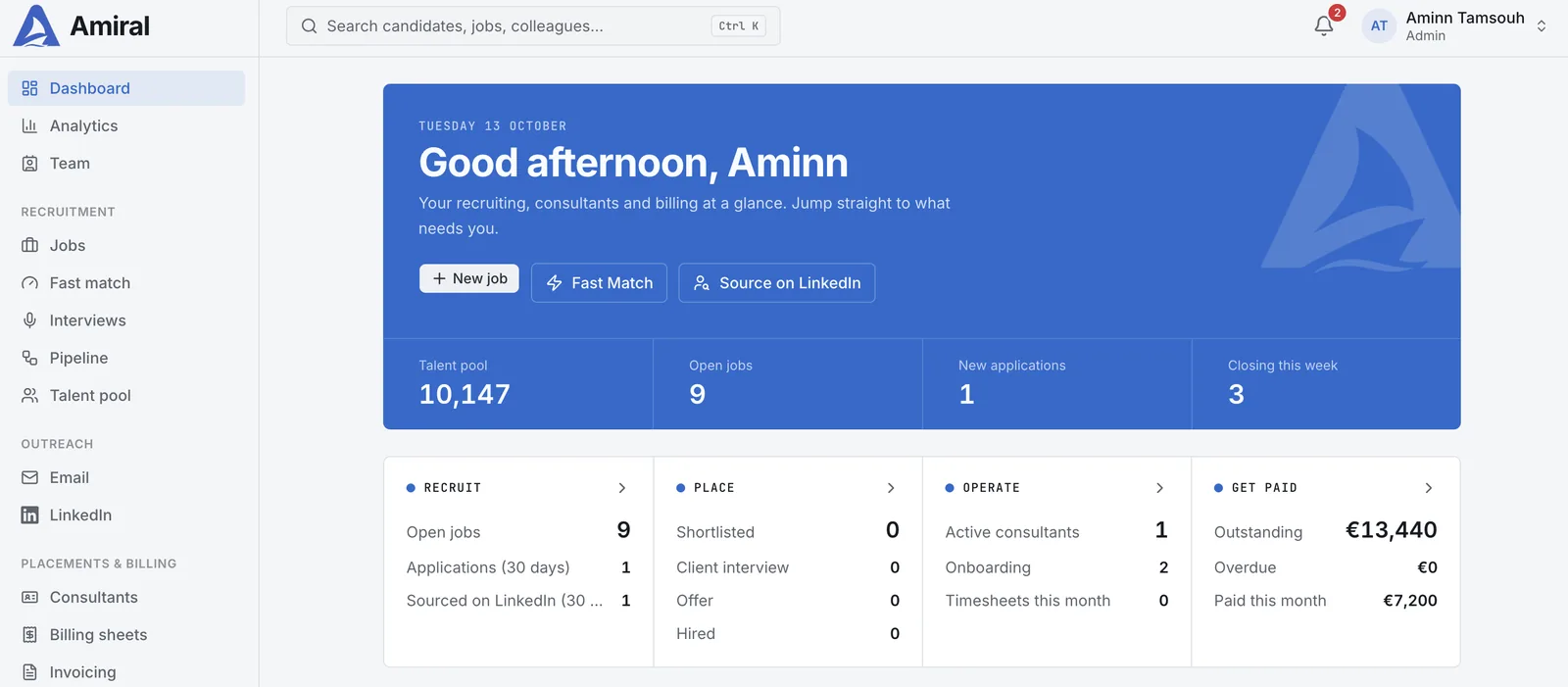 Amiral dashboard showing the talent pool, open jobs, placements and invoices at a glance
